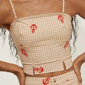 NWT SZ L Celandine smocked bandeau top Anchor Print Gingham